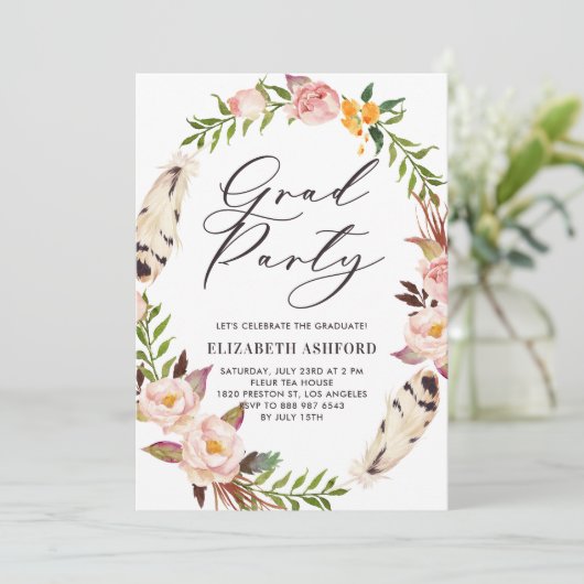 Bohemienveren en Floral Wreath Afstuderen Kaart (Staand voorkant)