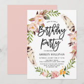 Bohemienveren en Floral Wreath Birthday Party Kaart (Voorkant / Achterkant)