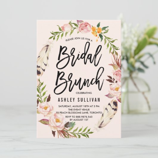 Bohemienveren en Floral Wreath Bridal Brunch Kaart (Staand voorkant)