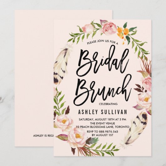 Bohemienveren en Floral Wreath Bridal Brunch Kaart (Voorkant / Achterkant)