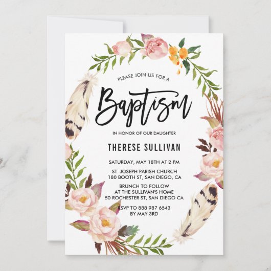 Bohemienveren en Floral Wreath Pink Baptisme Kaart (Voorkant)