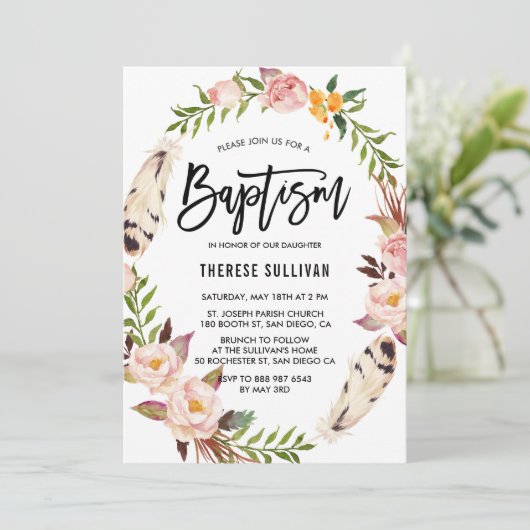 Bohemienveren en Floral Wreath Pink Baptisme Kaart (Staand voorkant)