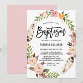 Bohemienveren en Floral Wreath Pink Baptisme Kaart (Voorkant / Achterkant)