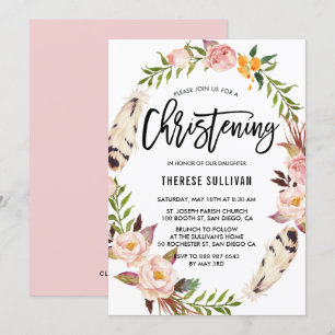 Bohemienveren en Floral Wreath Pink Christening Kaart