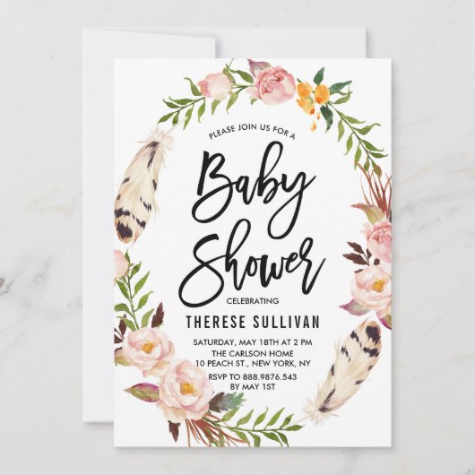 Bohemienveren en Floral Wreatinroze Baby shower Kaart (Voorkant)