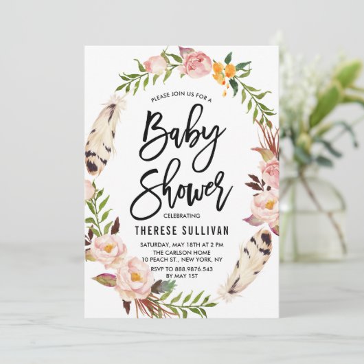 Bohemienveren en Floral Wreatinroze Baby shower Kaart (Staand voorkant)