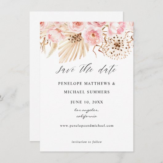 Bohemiroze Floral bespaart de datum Save The Date (Voorkant / Achterkant)