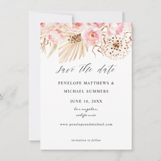 Bohemiroze Floral bespaart de datum Save The Date (Voorkant)