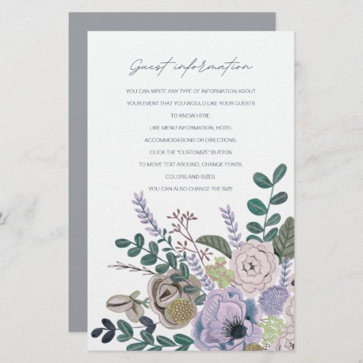 Bohemisch grijs en lavender Flowers gastinformatie (Voorkant / Achterkant)