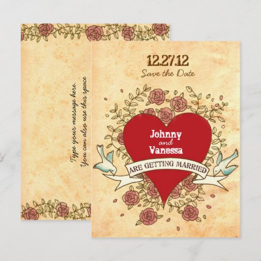 Bohemisch hart, Rozen, vogels en banenhuwelijk Aankondigingskaart (Voorkant / Achterkant)