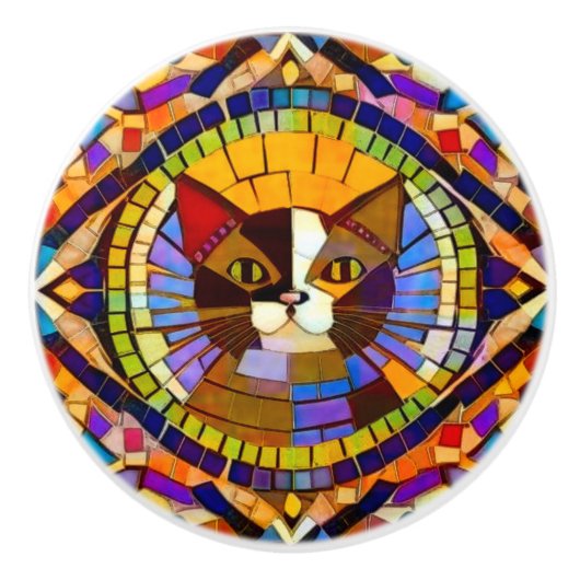 Bohemisch kat -  stijlvolle, kleurrijke mozaïek keramische knop (Voorkant)