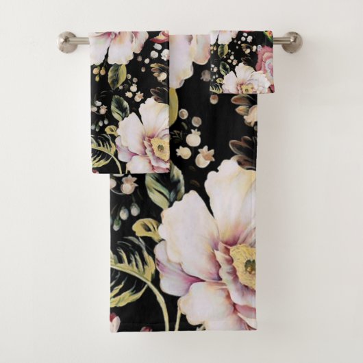 bohemisch oogbolroze bloemen donkerbloem bad handdoek (Insitu)