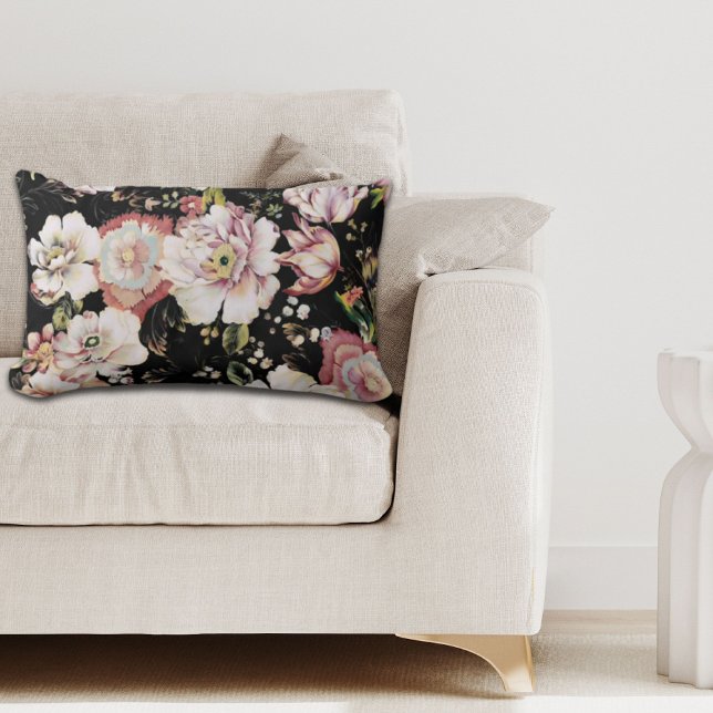 bohemisch oogbolroze bloemen donkerbloem kussen (bohemian chic blush pink flowers dark floral lumbar pillow)