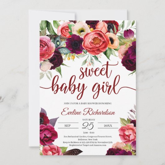 Bohemisch prachtig boho bogundy floral baby shower kaart (Voorkant)