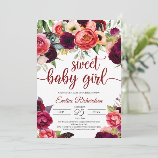 Bohemisch prachtig boho bogundy floral baby shower kaart (Staand voorkant)
