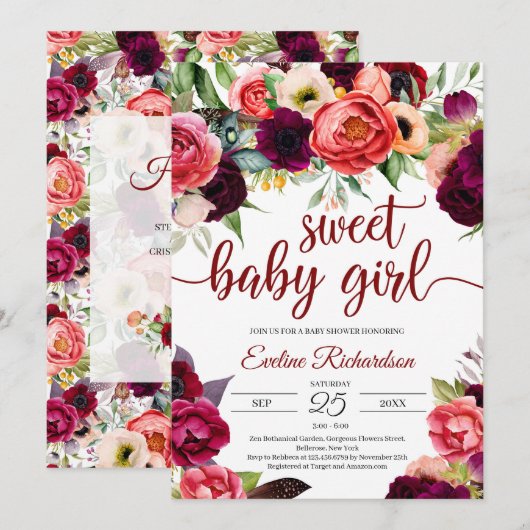 Bohemisch prachtig boho bogundy floral baby shower kaart (Voorkant / Achterkant)