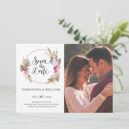 Bohemisch Roos met foto-kaart op datum Save The Date (Staand voorkant)