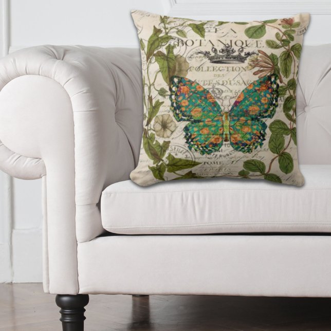 bohemisch schrift franse botanische vlinder kussen (bohemian scripts french botanical butterfly throw pillow)