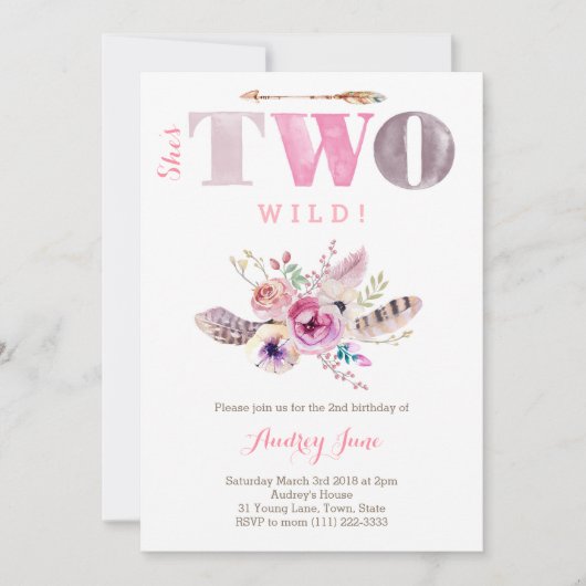 Bohemisch Ze is TWEE Wilde 2e verjaardag, meisje Kaart (Voorkant)