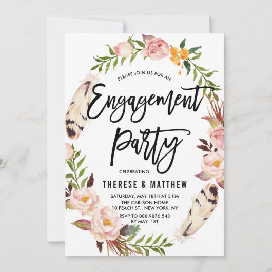 Bohemische veren en Floral Wreate Engagement Party Kaart (Voorkant)
