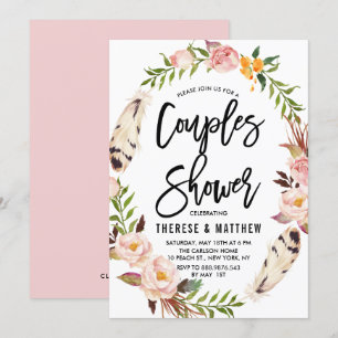Bohemische veren en Floral Wreath Couples Shower Kaart