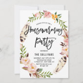 Bohemische veren Floral Wreath Housewarming Party Kaart (Voorkant)