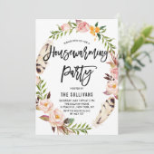 Bohemische veren Floral Wreath Housewarming Party Kaart (Staand voorkant)