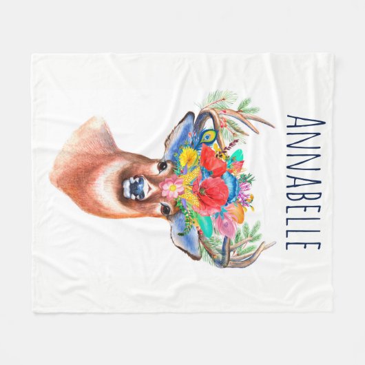 Bohemische Waterverf Floral Deer & Name Fleece Deken (Voorkant (Horizontaal))