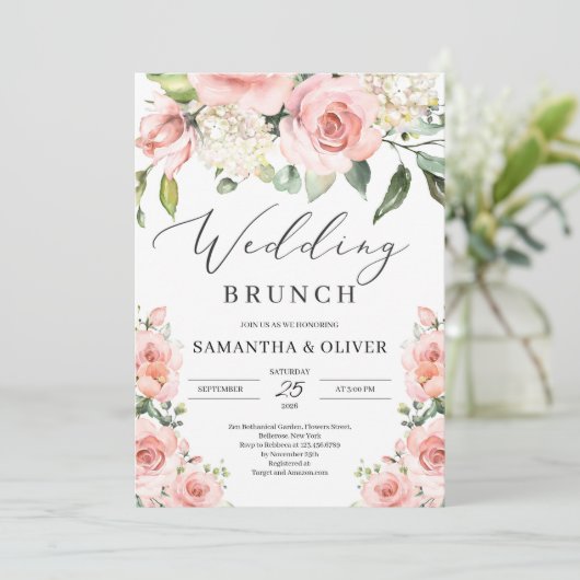 Bohemise blush roze perzikflorale bruinkbrunch kaart (Staand voorkant)