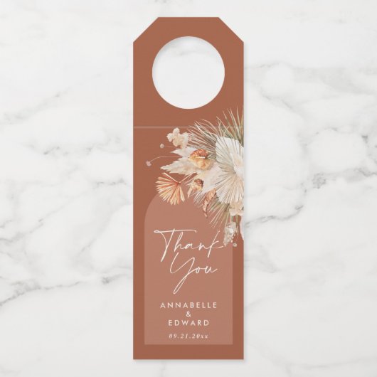 Bohenian boho rust terracotta bruiloft bedankt flessenhanger (Voorkant)