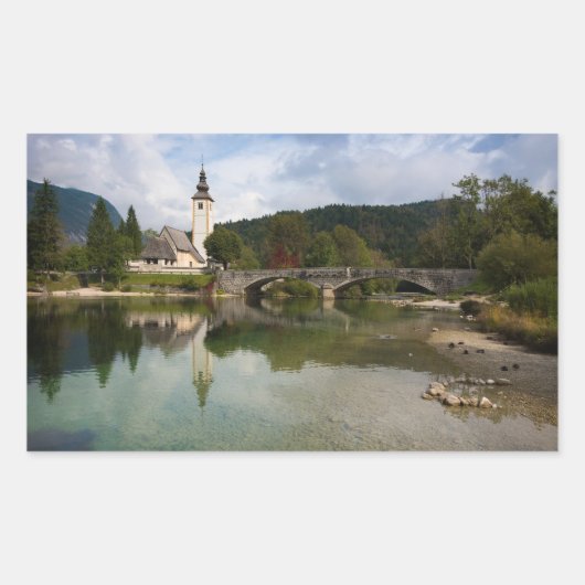 Bohinj meer en kerk, Slovenië rechthoek sticker (Voorkant)