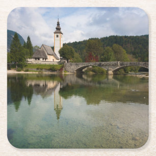 Bohinj-meer met kerk in Slovenië onderzetter