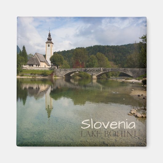 Bohinj meer met kerk in Slovenië tekst magneet (Voorkant)