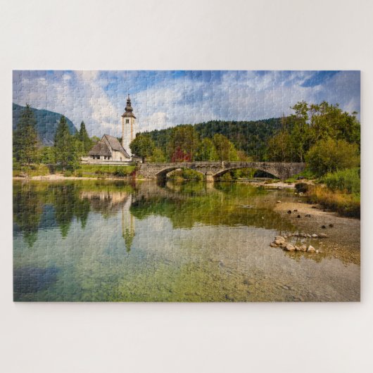 Bohinj meer met kerkreflectie in Slovenië Legpuzzel (Horizontaal)