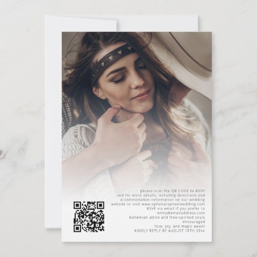 Boho 2 foto's Overlay QR Code Bohemian bruiloft Kaart (Achterkant)