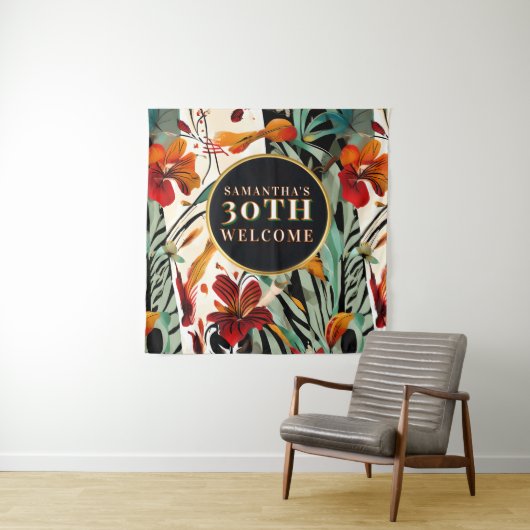 Boho 30e Verjaardag Welkom Bord Bloemstuk Vierkant Wandkleed (In situ)
