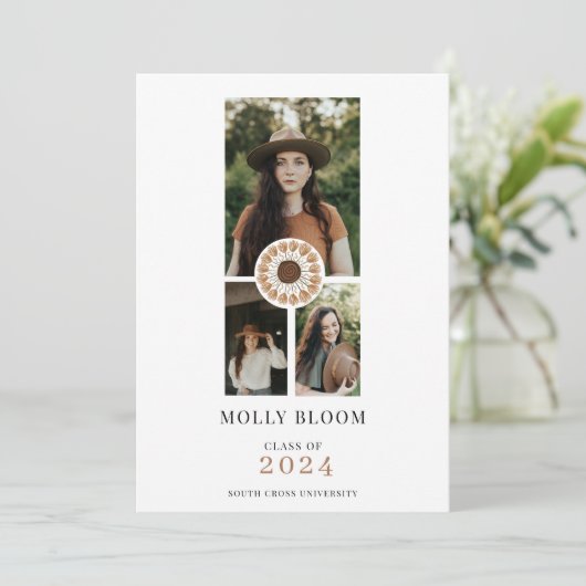 Boho 3 Foto Terracotta Afstuderen Aankondiging (Staand voorkant)