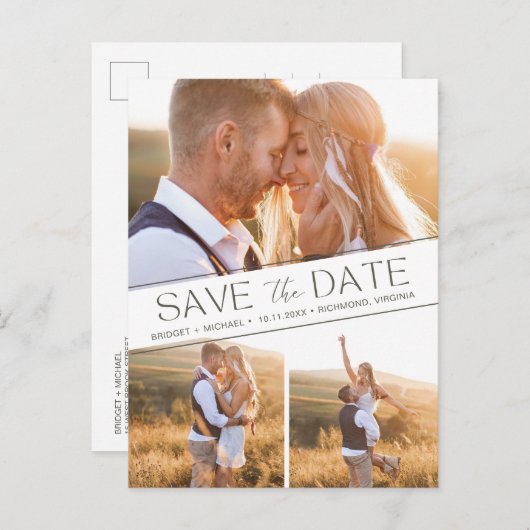 Boho 3 Photo Collage Wedding Save the Date Aankondigingskaart (Voorkant / Achterkant)