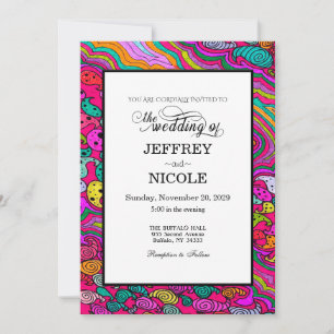 Boho 60s Retro Colorful Wedding Invitation Kaart