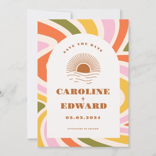 Boho 70s Groovy Golvende Zon Opslag Datum QR-code Save The Date (Voorkant)