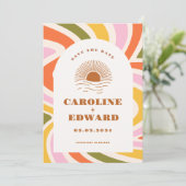 Boho 70s Groovy Golvende Zon Opslag Datum QR-code Save The Date (Staand voorkant)