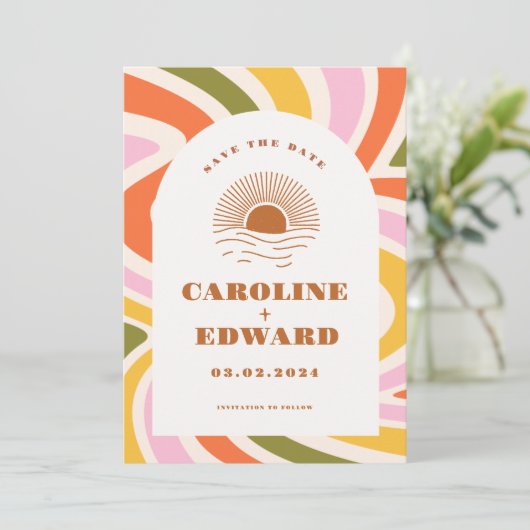 Boho 70s Groovy Wavy Zon Opslagdatum Qr Code Save The Date (Staand voorkant)