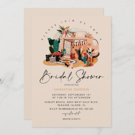 Boho 70s Pampas & Cacti Bridal Shower Invitation Kaart (Voorkant / Achterkant)