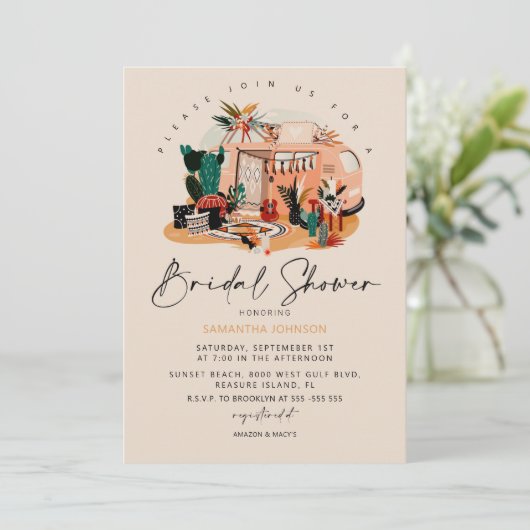 Boho 70s Pampas & Cacti Bruiloftsfeest Uitnodiging (Staand voorkant)