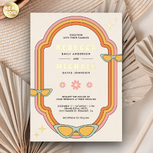 Boho 70s Retro Kleurrijke Groovy Lijst Wedding Gol Folie Uitnodiging