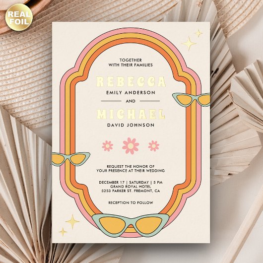 Boho 70s Retro Kleurrijke Groovy Lijst Wedding Gol Folie Uitnodiging