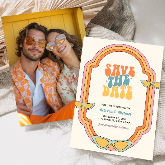 Boho 70s Retro Kleurrijke Groovy Lijst Wedding Save The Date