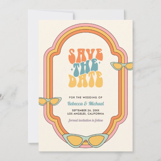 Boho 70s Retro Kleurrijke Groovy Lijst Wedding Save The Date (Voorkant)