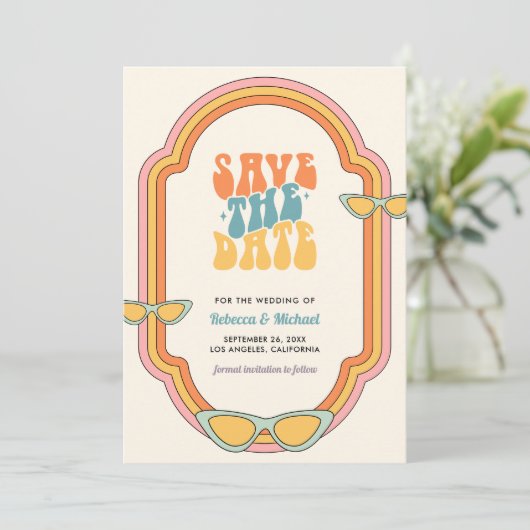 Boho 70s Retro Kleurrijke Groovy Lijst Wedding Save The Date (Staand voorkant)