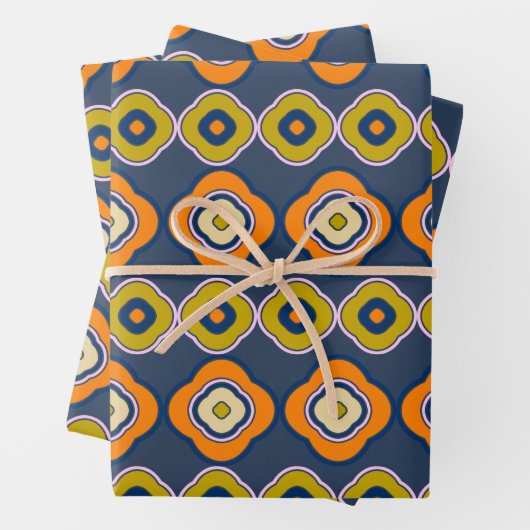 Boho 70s Retro Shapes Pattern Blue Oranje Inpakpapier Vel (In situ)